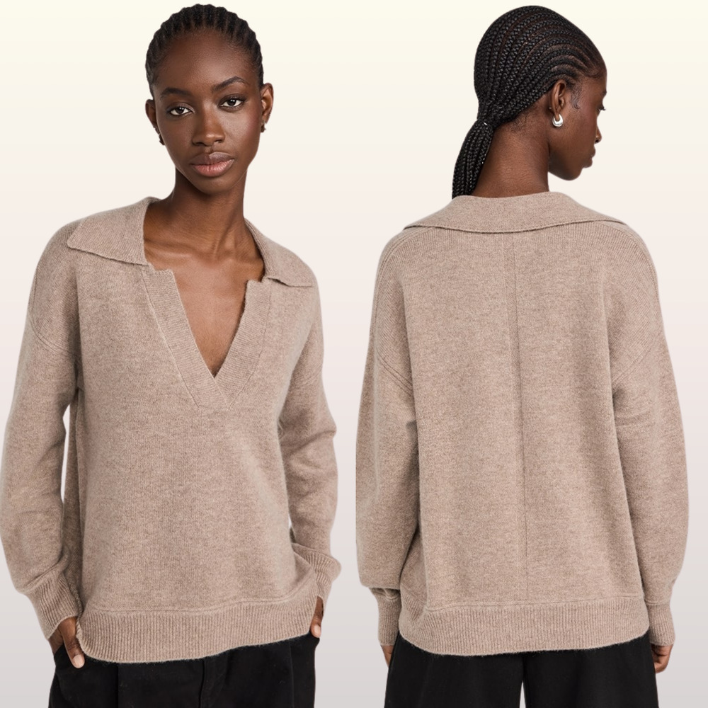 NEW La Ligne Cashmere V Neck Collared Sweater size Medium Camel Wool Pullover